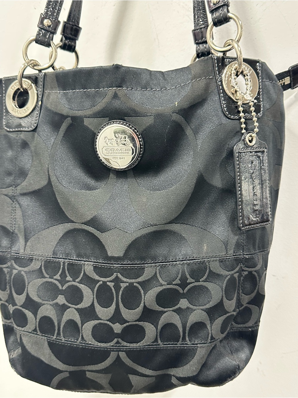 Coach Black Signature Jacquard Tote Bag Silver Hardware Leather Trim - Picture 4 of 10